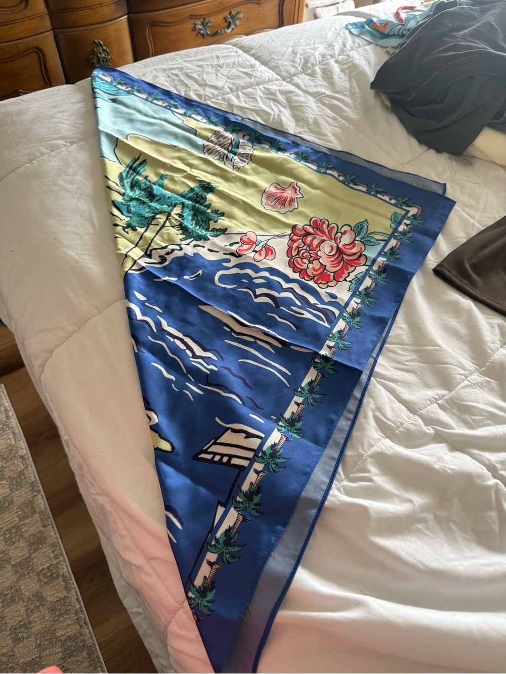 Blue Floral Coastal Print Silk-Feel Scarf